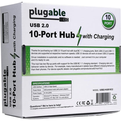 Hub USB Plugable, 10 ports - USB 2.0 avec adaptateur secteur 20 W et deux ports rabattables