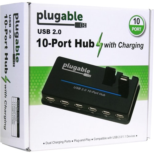 Hub USB Plugable, 10 ports - USB 2.0 avec adaptateur secteur 20 W et deux ports rabattables