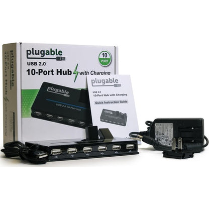 Hub USB Plugable, 10 ports - USB 2.0 avec adaptateur secteur 20 W et deux ports rabattables