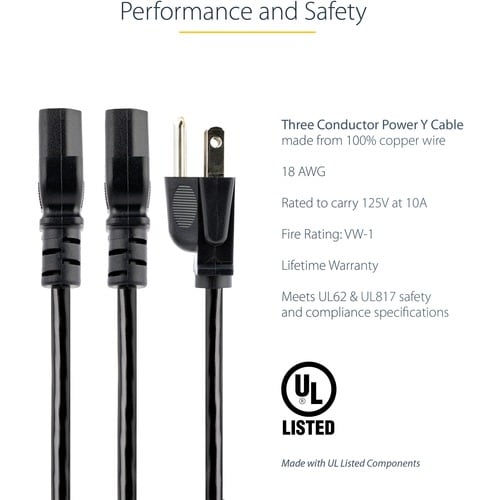 StarTech.com 10ft (3m) Computer Power Y Cord