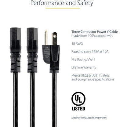 StarTech.com 10ft (3m) Computer Power Y Cord