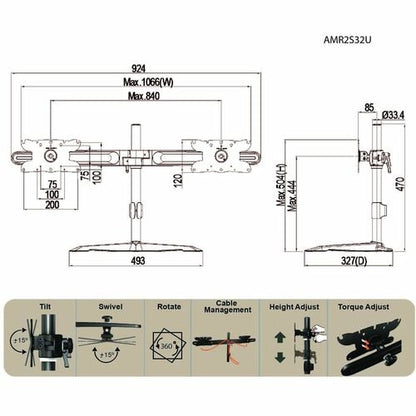 Support de montage pour double écran Amer Mounts, écran max. 32"