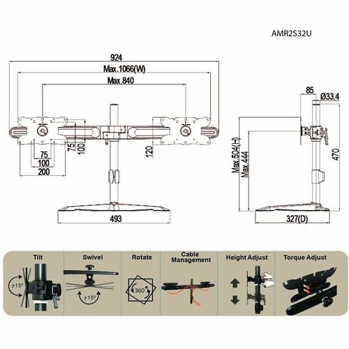 Support de montage pour double écran Amer Mounts, écran max. 32"