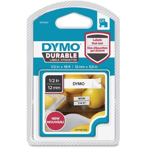 Dymo D1 Durable Labels - 1/2\" (12.70 mm) Width - White - Wa