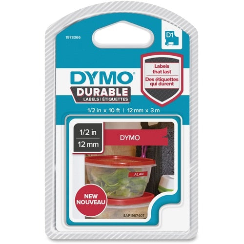 Dymo D1 Durable Labels - 1/2\" (12.70 mm) Width - White, Red - Water Resistant -
