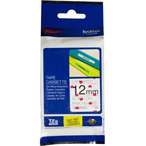 Ruban Brother PTouch noir sur cœurs roses 12 mm x 15/32" (12