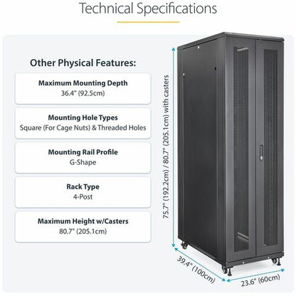StarTech.com 4-Post 42U Server Rack Cabinet, 19" Data Rack Cabinet for