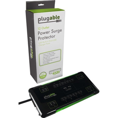 Plugable Surge Protector Power Strip with USB and 12 AC Outlets - Buil