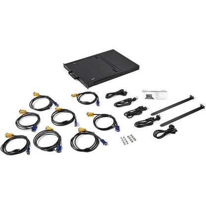 CONSOLA KVM DE 8 PUERTOS PARA MONTAJE EN RACK, SOPORTE PARA LCD DE 17 PULGADAS, PIEZAS Y CABLES INCLUIDOS