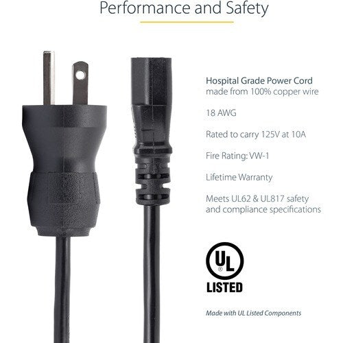 StarTech.com 10ft (3m) Hospital Grade Power Cord