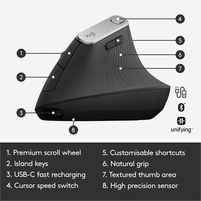 Ratón ergonómico vertical avanzado Logitech MX - Óptico - Cable/Inalámbrico