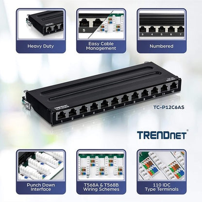 Panel de conexión blindado TRENDnet Cat6A de 12 puertos, compatible con 10G, Cat5e, Cat6 y Cat6A, metálico