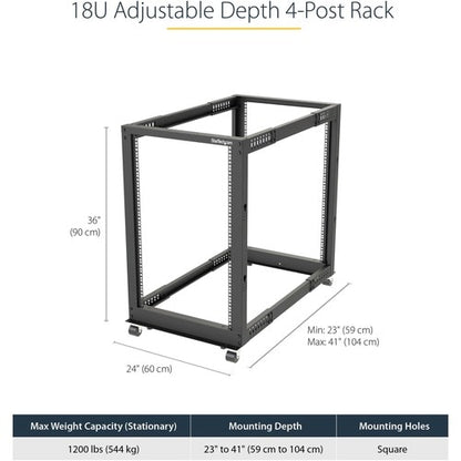 StarTech.com 4-Post 18U Mobile Open Frame Server Rack, 19" Network Rac