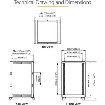 StarTech.com 4-Post 18U Mobile Open Frame Server Rack, 19" Network Rac