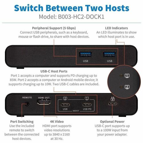 Tripp Lite by Eaton B003-HC2-DOCK1 2-Port USB-C KVM Dock, Black - 2 Computer(s) - 1 Local