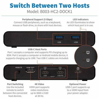 Tripp Lite by Eaton B003-HC2-DOCK1 2-Port USB-C KVM Dock, Black - 2 Computer(s) - 1 Local
