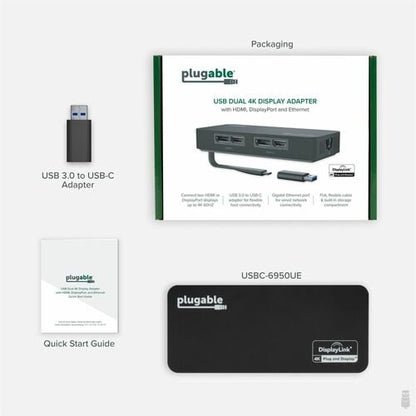 Adaptateur double écran Plugable 4K DisplayPort et HDMI avec Ethernet pour USB 3.0 et USB-C