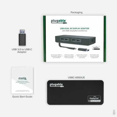 Adaptateur double moniteur Plugable 4K DisplayPort et HDMI avec Ethernet pour USB 3.0 et USB