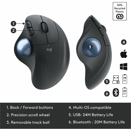 Souris sans fil à boule de commande Logitech ERGO M575 - Contrôle facile par le pouce,