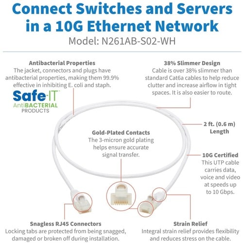 Tripp Lite Safe-IT N261AB-S02-WH Cat.6a UTP Network Cable - 2 ft (0.61 m) Catego