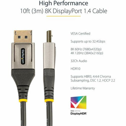 StarTech.com 10ft (3m) VESA Certified DisplayPort 1.4 Cable