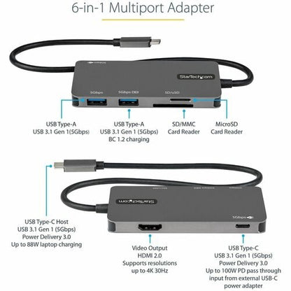 ADAPTADOR MULTIPUERTO USB-C 4K HDMI 100W PD 3.0 PASO A TRAVÉS/SD+MICROSD