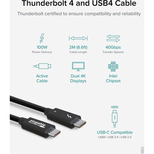 Plugable Thunderbolt 4 Data Transfer Cable - 6.6 ft (2 m) Thunderbolt 4 Data Tra