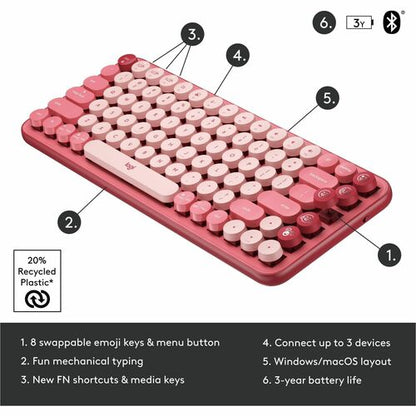 Clavier mécanique sans fil Logitech POP Keys avec touches emoji - Heartbreaker Rose