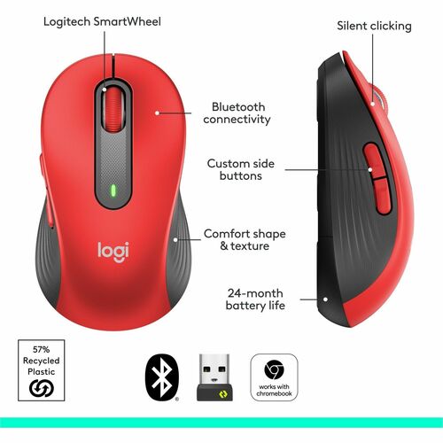 Logitech Signature M650 L (Rojo) - Óptico - Inalámbrico