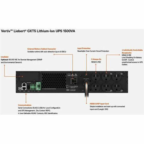 UPS en línea de iones de litio Vertiv Liebert GXT5 de 1500 VA/1350 W, 120 V, torre/rack