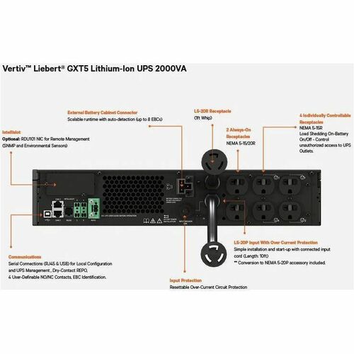 SAI en línea de iones de litio Vertiv Liebert GXT5 de 2000 VA/1800 W, 120 V, torre/rack
