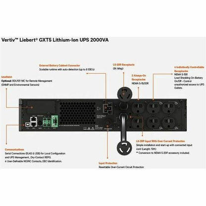 SAI en línea de iones de litio Vertiv Liebert GXT5 de 2000 VA/1800 W, 120 V, torre/rack