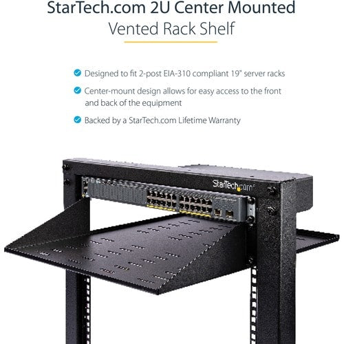 StarTech.com 2U Vented Server Rack Shelf - Center Mount Fixed 20" Deep