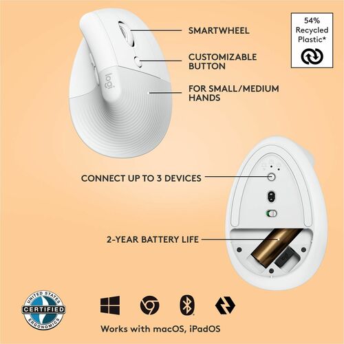 Souris ergonomique verticale Logitech Lift (blanc cassé) - Optique