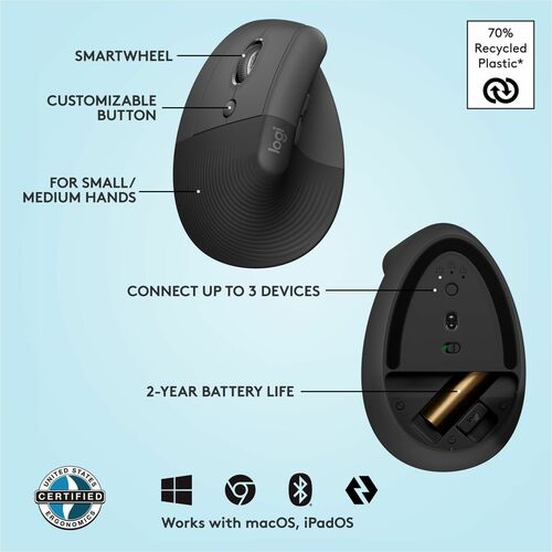 Logitech Lift Left Vertical Ergonomic Mouse (Graphite) - Optical - Wireless