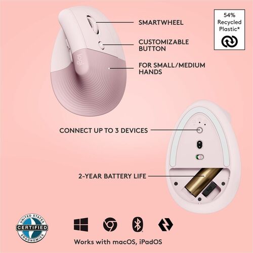Logitech Lift Vertical Ergonomic Mouse (Rose) - Optical - Wireless