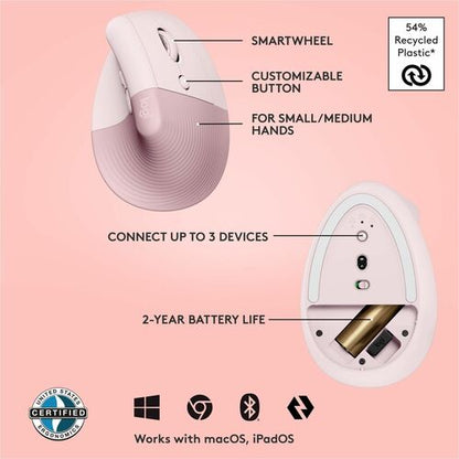 Logitech Lift Vertical Ergonomic Mouse (Rose) - Optical - Wireless