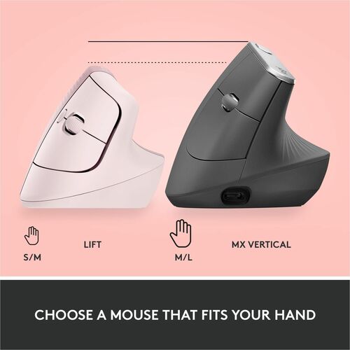 Logitech Lift Vertical Ergonomic Mouse (Rose) - Optical - Wireless