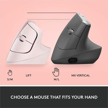 Logitech Lift Vertical Ergonomic Mouse (Rose) - Optical - Wireless