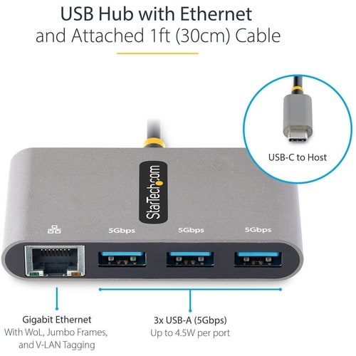 Hub USB-C 3 ports StarTech.com avec Ethernet, 3 ports USB