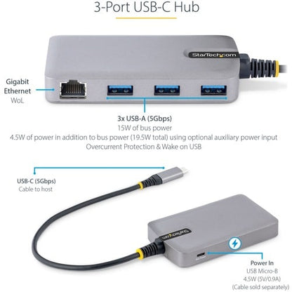 Hub USB-C 3 ports StarTech.com avec Ethernet, 3 ports USB