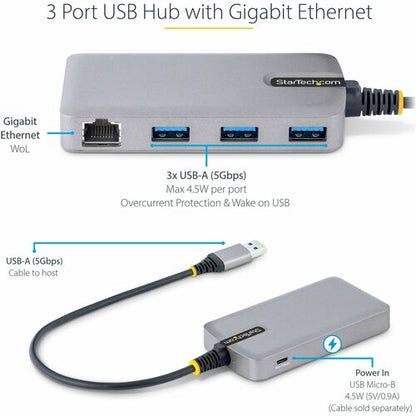 Hub USB 3 ports StarTech.com avec Ethernet, ports USB-A, Gigabit Ethernet/GbE, 5 Gbit/s, bus