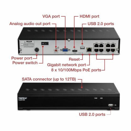 NVR TRENDnet PoE de 8 canales H.265 4K (8 MP) - Grabador de vídeo en red - HDMI - 4K R