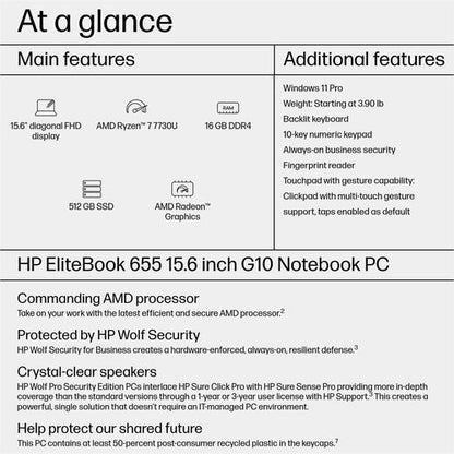ACHAT INTELLIGENT ELITEBOOK 655 G10 R7-7730U 15 pouces 16 Go 512 Go
