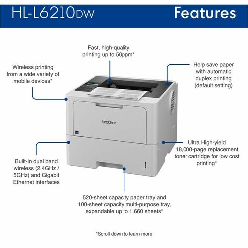Brother HL-L6210DW Desktop Wireless Laser Printer - Monochro