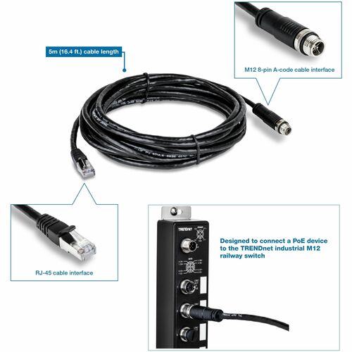 TRENDnet M12 to RJ-45 Industrial Ethernet Cable, 5m (16.4 ft.) - 16.4 ft (5 m) M