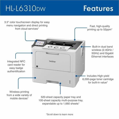 Imprimante laser sans fil de bureau Brother HL-L6310DW - Monochrome