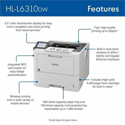 Imprimante laser sans fil de bureau Brother HL-L6310DW - Monochrome
