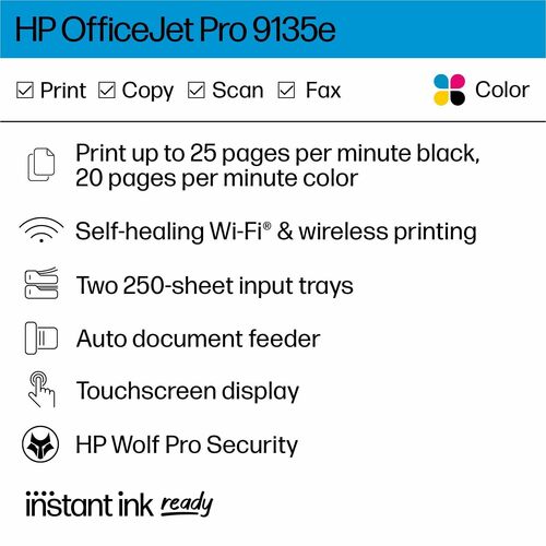 Impresora de inyección de tinta OfficeJet Pro 9135E transparente, color P/S/C/F, ENET, USB, WL, 1200 x 1200, 512 MB