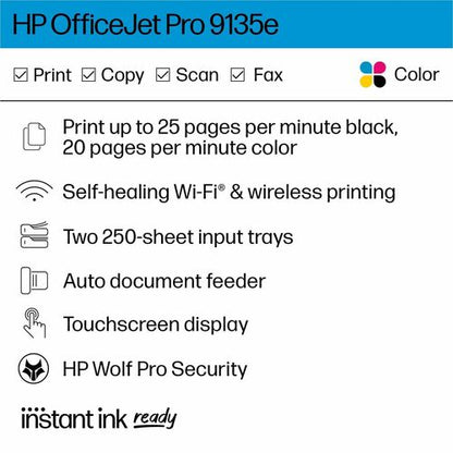 Impresora de inyección de tinta OfficeJet Pro 9135E transparente, color P/S/C/F, ENET, USB, WL, 1200 x 1200, 512 MB
